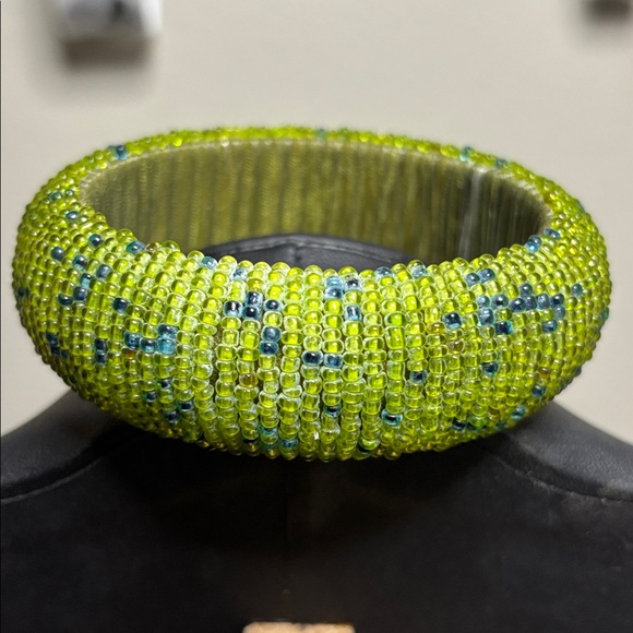 Chunky Glass Seed Bead Blue Green Bangle Bracelet Vintage Retro - Picture 3 of 5